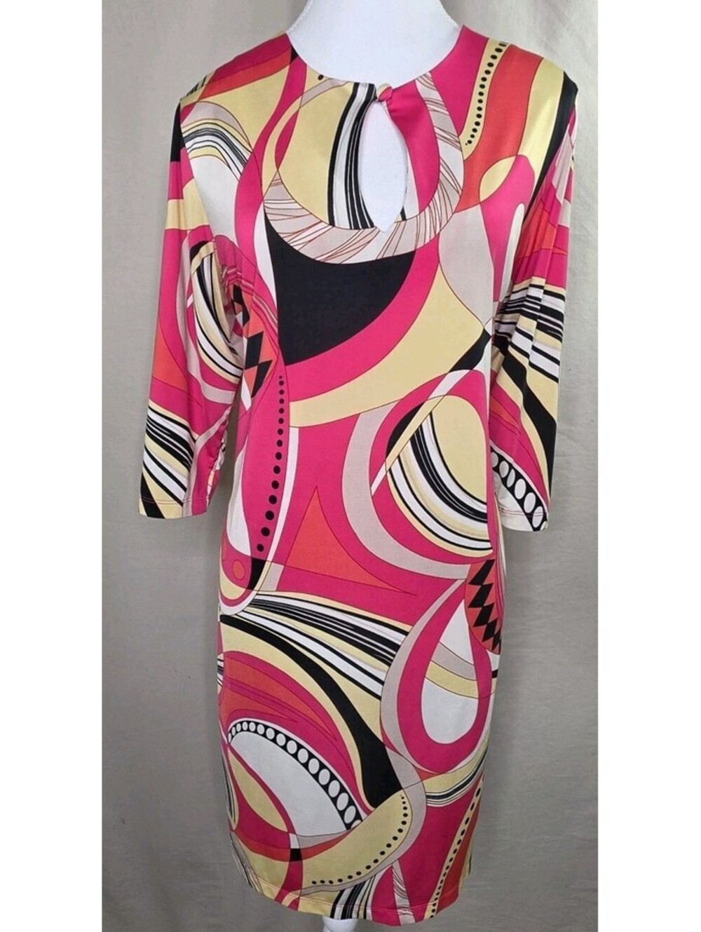 Nikki Poulos Abstract Geometric Shift Dress Keyhole Neck 3/4 Sleeve Size L NWOT